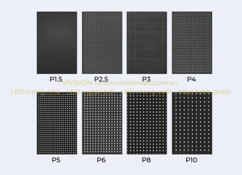 cấu tạo bóng LED trên các tấm module từ P1.5, P2.5, P3, P4 đến các dòng lớn như P8, P10